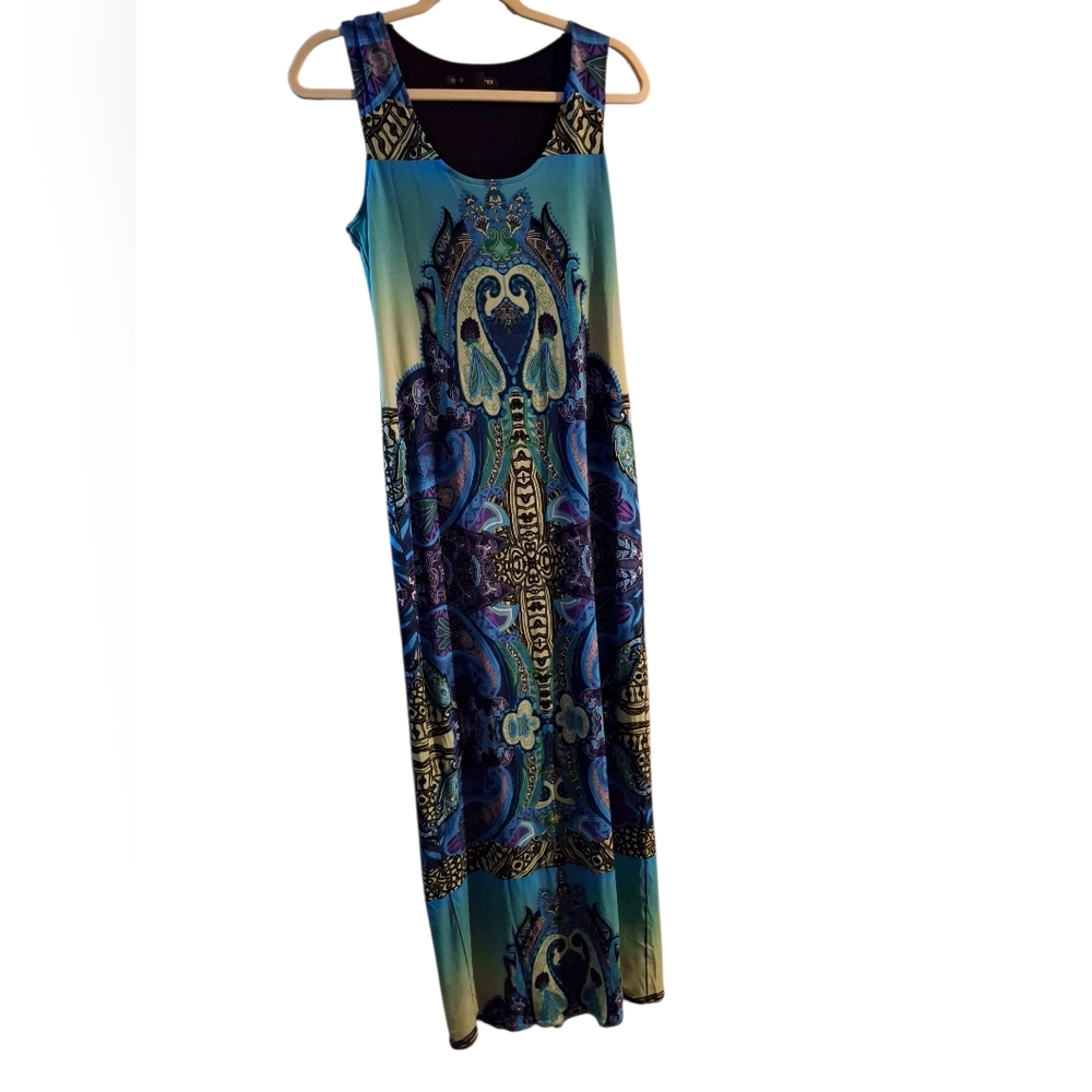 Evovorro Maxi Dress M Sleeveless Blue Lined Stretch Flowy Boho Beach Vacation